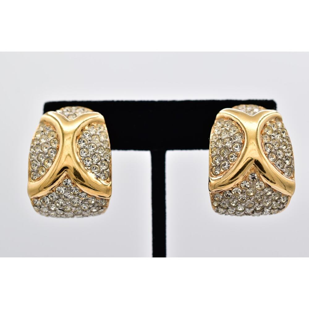 Ciner Vintage Rhinestone Crystal Clip On Earrings Wide Hoop Gold Signed BinAF
